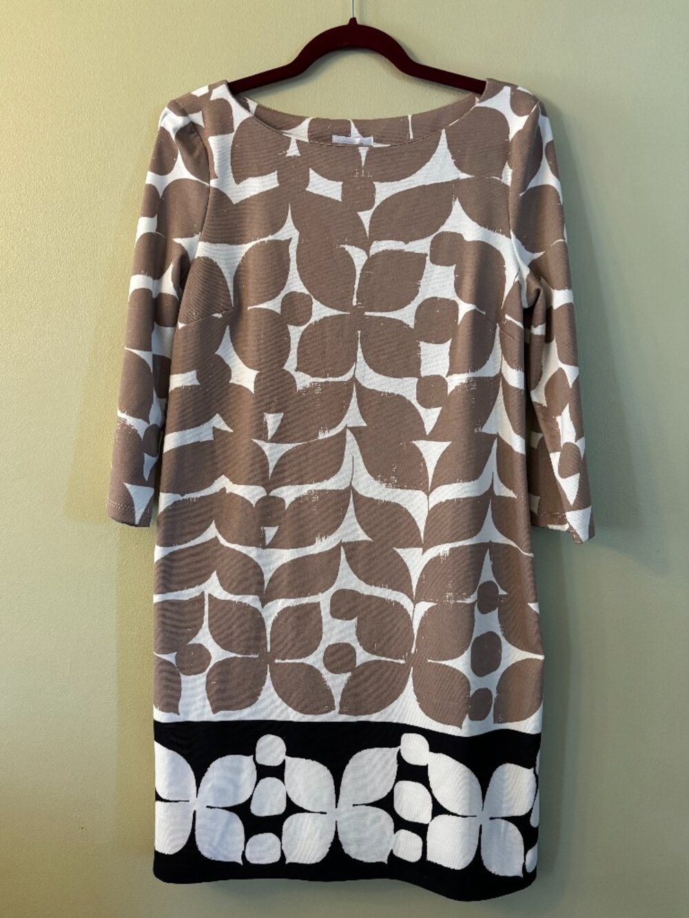 London Times Tan Black Abstract Print 3/4 Sleeve Sheath Dress Size 10